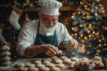 Festive elderly chef preparing cookies with joy in holiday setting with Christmas tree and bokeh lights