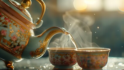 Close-up of pouring hot tea from an ornate teapot into two elegant, patterned cups with steam rising in the early morning light.