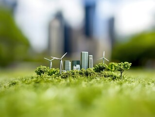 A miniature city surrounded by greenery, featuring wind turbines, symbolizes sustainability and eco-friendly urban development.
