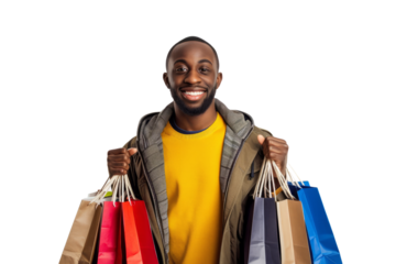 Man smiling, holding shopping bags, white background