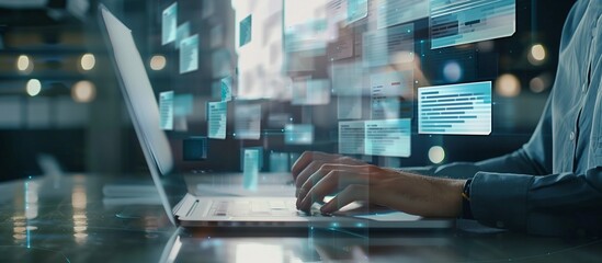 A person is typing on a laptop with digital screens floating above, representing the concept of virtual office technology and remote work.
