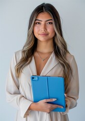 Fototapeta premium A professional photograph of an attractive woman holding her blue iPad Pro case, wearing light-colored business attire