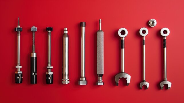 A lineup of telescopic bore gauges and inside micrometers on a solid red backdrop