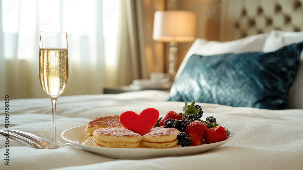 Sticker A romantic breakfast in bed featuring pancakes, fresh berries, and sparkling wine.