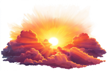 sunset with amazing lens flare effect, rays of sunlight breaking through clouds, on white background