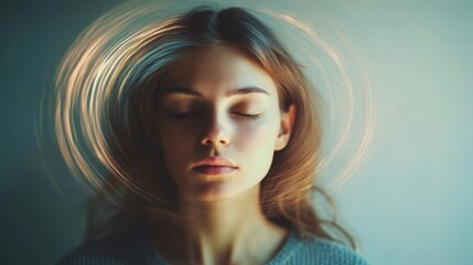 A young woman with subtle visual distortions around her head, representing hallucination and dizziness, soft natural light,   ideal for mental health and psychological themes.