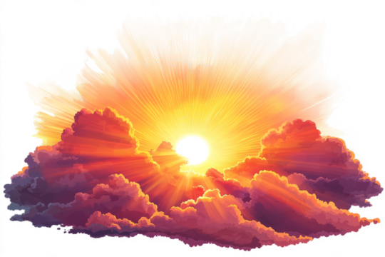 sunset with amazing lens flare effect, rays of sunlight breaking through clouds, on white background