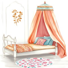 Watercolor Illustration of a Canopy Bed with Floral Patterned Bedding.