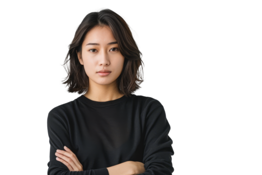 woman with folded arms, suggesting composed confidence and assurance.