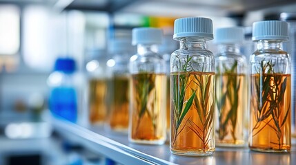 Glass vials containing liquid and plant material, likely for scientific research or analysis.