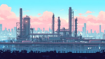 Compact oil processing plant with a muted chromatic palette of blues and pinks featuring geometric architectural forms precise mechanical components soft ambient lighting