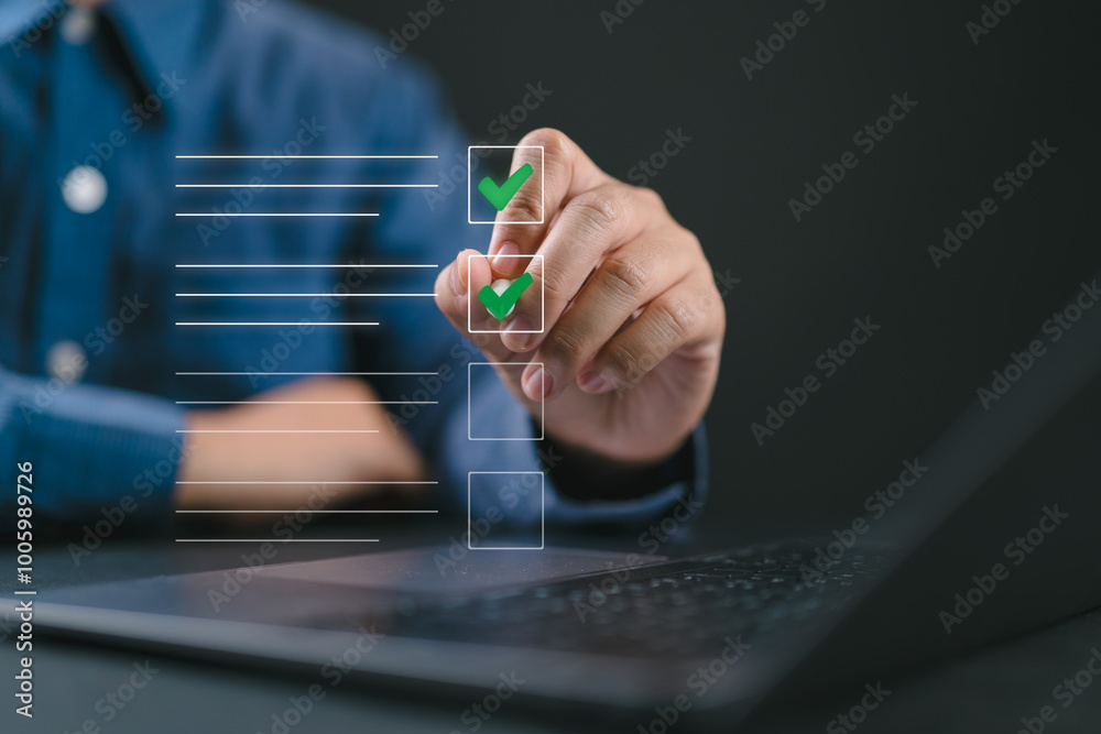 Poster checklist and survey concept, businessman filling out online survey on virtual screen. questionnaire
