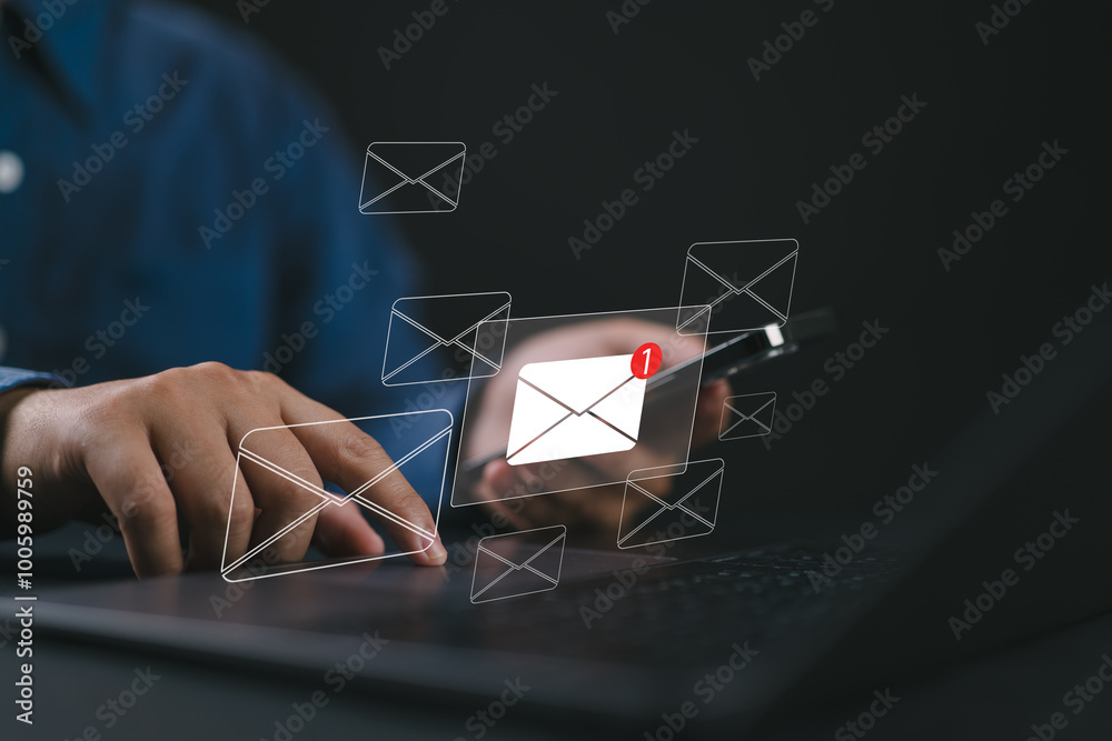 Poster man reading electronic mail ,Email marketing and newsletter concept,Digital communication with email messages,Sending and receiving messages online with the email icon ,notifications