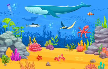 Fototapeta premium Game sea underwater landscape with giant whale and manta ray, octopus, jellyfish and various fish swimming among vibrant coral reefs, rocks and sea plants on ocean floor. Cartoon vector marine scene