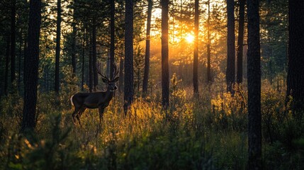 Fototapeta premium A deer stands in a sunlit forest, surrounded by trees and golden light.