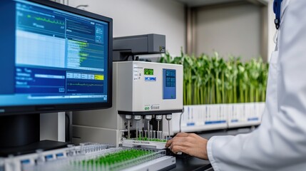 A lab setting with a computer and equipment analyzing plant samples for scientific research.