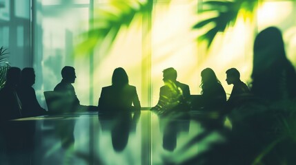 A blurry silhouette of a group in a boardroom, engaged in a business meeting, with green elements suggesting sustainability,  ideal for themes of collaboration, teamwork, leadership