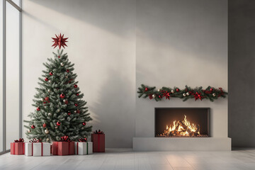 A pleasant Christmas scene in the modern interior of the house, with a decorated Christmas tree and a fireplace