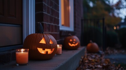 Obraz premium A cozy Halloween scene with carved pumpkins and candles on a porch.
