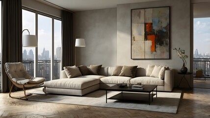 3D modern living room with cityscape view. Created using generative AI tools	