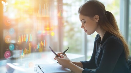 A businesswoman taking notes with colorful financial analysis icons surrounding her, ample copy space around, soft natural light, ideal for finance, analysis, and professional development themes.