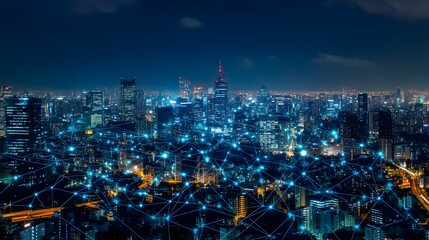 Naklejka premium Futuristic Night Cityscape with Glowing 5G Networking Connections Illuminating the Urban Skyline