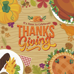 Happy Thanksgiving Day 2024 Text Banner with Creative Dinner Set Illustration. Best for Thanksgiving Holiday Greetings, Family Gathering and Dinner Invitations. Vector illustration.