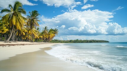 A pristine white sand beach with gentle waves lapping the shore and palm trees swaying in the breeze under a bright blue sky.