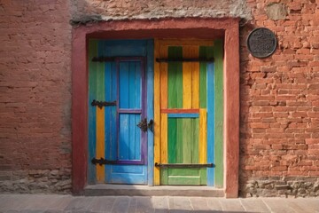 An old wooden door with a vintage facade in the old town, featuring blue and green accents among stone and brick buildings