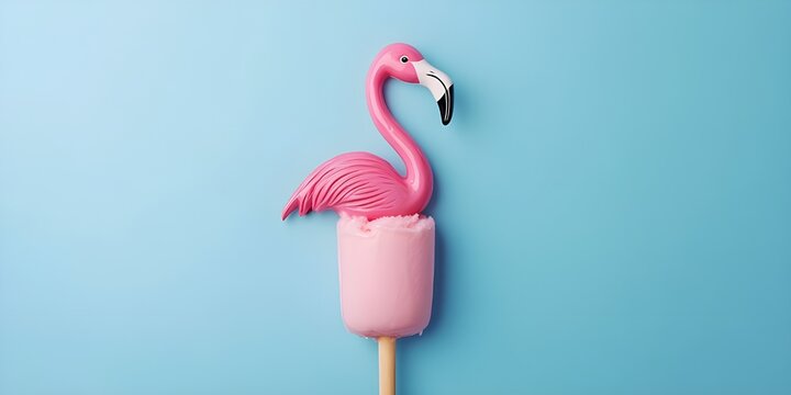 Un cono de helado de flamenco rosa con un flamenco rosado en la parte inferior
