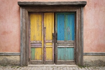 An old wooden door with a vintage facade in the old town, featuring blue and green accents among stone and brick buildings