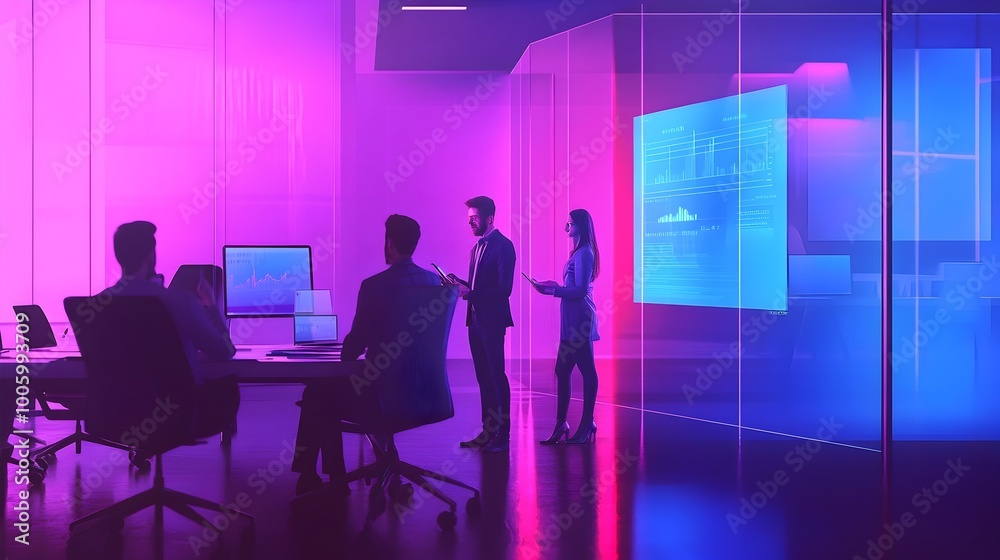 Poster futuristic business innovation hub with augmented reality brainstorming session tech driven collabor