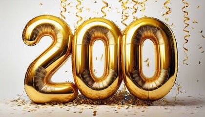 Gold birthday / anniversary balloon, number 200, white background with confetti