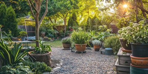 A cozy backyard filled with outdoor plants in pots and garden beds, creating a natural oasis
