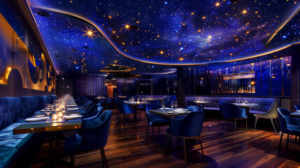  Restaurant interior with luxury wooden furniture and cozy dining tables in an elegant, old-style setting