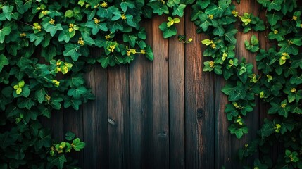 A wooden fence adorned with lush green vines and small yellow flowers.