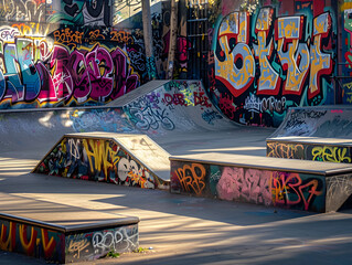 Colorful graffiti art covers the ramps and walls of an urban skate park in the city.