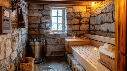 A cozy sauna with wooden benches, stones, and soft lighting for relaxation.