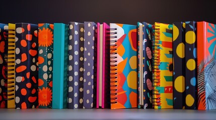 A row of spiral-bound notebooks lined up on a shelf