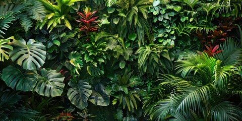 A dense jungle scene with a variety of tropical plants and vines, creating a lush and vibrant environment