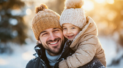 Father with son have fun at winter forest, winter holidays, Christmas time. 