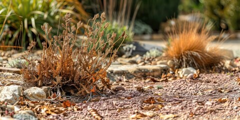 A garden bed with dead plants, showing the effects of drought and lack of care