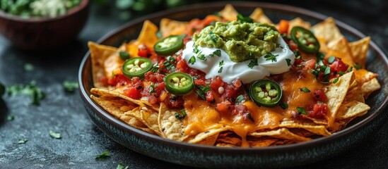 Delicious Nachos with Guacamole, Sour Cream and Jalapenos
