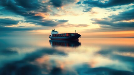 Naklejka premium A shipping vessel carrying freight containers across calm seas for international exports and imports. No logos.