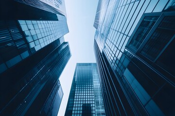 Serene minimalist urban cityscape featuring towering skyscrapers and sleek modern architecture captured through the of a digital a sense of precise architectural elegance and clarity