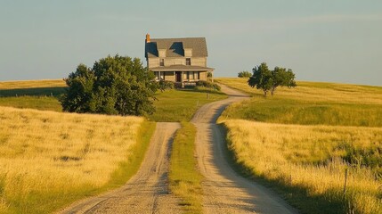 A rural farmhouse on the plains, surrounded by fields of wheat and open space, with a dirt road leading up to the property.