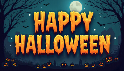 A cartoon Halloween illustration with a dripping orange "Happy Halloween" text, featuring a silhouette city skyline, a full moon, trees, bats, and multiple jack-o-lanterns.