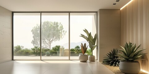 A modern interior with desert plants like agave and aloe, adding a touch of the desert to the decor