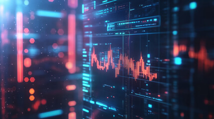 Obraz premium Visualize floating 3D dashboard displaying virtual financial data with vibrant colors and dynamic graphs. This high tech interface represents modern analytics and data visualization