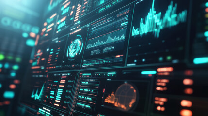 Fototapeta premium floating 3D dashboard showing virtual financial data with graphs, charts, and analytics. vibrant colors and futuristic design create engaging atmosphere for data analysis